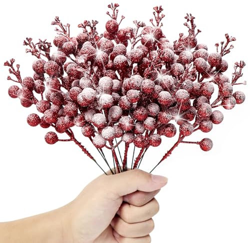 Kunjocy 12 Pcs Snowy Christmas Glitter Berries Stems, Frosted Christmas Berries Decorations Artificial Christmas Berries Picks for Christmas Wreath Garland Xmas Tree Ornament (Red)