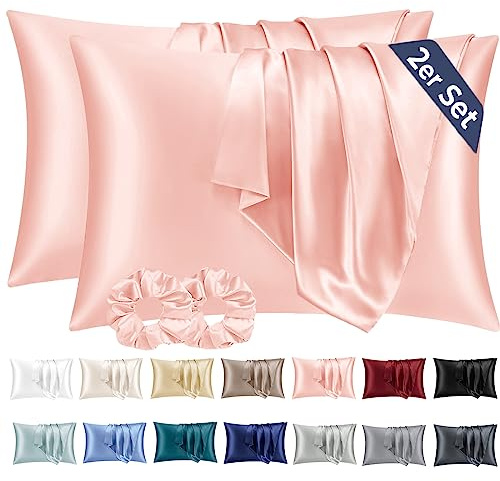 Vielit Satin Kissenbezug 40x70 2pc, wie ein Seidenkissenbezug Koralle | Satin Pillowcase Hotelverschluss mit 2 Scrunchies, Glatt wie Silk Pillowcase, Gut für Haar und Haut，Öko-Zertifikat, Geschenk