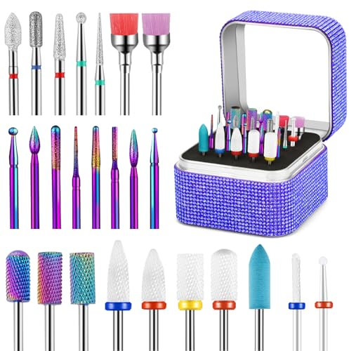 25Pcs Nail Drill Bits Set with Rhinestone Holder, 3/32 Inch Ceramic Diamond Carbide Cuticle Efile Remover Nail Drill Bit for Home Salon Acrylic Gel Polish Manicure Pedicure