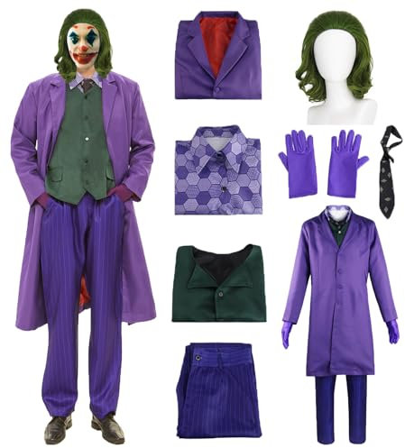 Clown Kostüm Herren Clown Cosplay Outfit lila Mantel mit Weste Hemd Hose Krawatte Handschuh Perücke 8 Pcs Deluxe Set Zubehör Karneval Männer Bösewicht Kostüme für Erwachsene Halloween Anzug C045-3XL