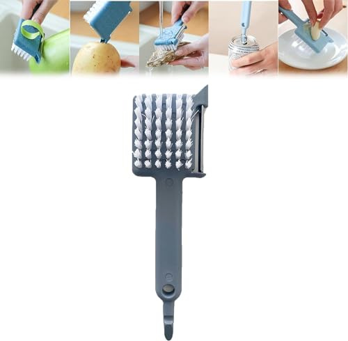 Multipurpose Peeler Brush, 5 in 1 Vegetable Peeler with Brush, Stainless Steel Potato Peelers, Multifunctional Vegetable Peeler with Long Handle for Potatoes Carrots Fruit Kitchen Tools (Grey)
