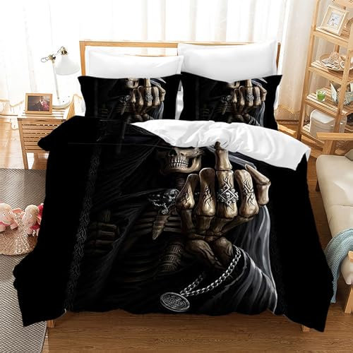 Leleyouzer Totenkopf Bettwäsche Set Für Teenager Erwachsene,3D Schädel Muster Bettbezug,Mikrofaser Gothic-Bettwäsche mit Reißverschluss und 2 Kissenbezug 50 x 75cm (Totenköpfe 2, 220×240 cm)