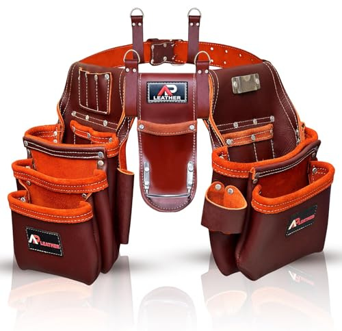 Ap-Leather Pro-302 Premium Oil Tanned Leather Tool Belt, Carpenter Tool Bag | Tool Belt 29 Pockets Tool Pouch with 4 Loops, Carpenter, for 30 to 52 (Maroon, Extra Large)