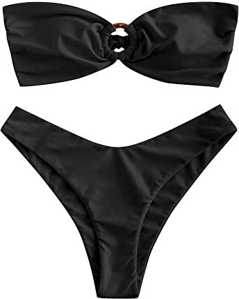 ZAFUL Damen Bikini Set mit O-Ring und Raffung hinten, hoher Schnitt, Bandeau Bikini Set, solide gepolstert, trägerlos, Zweiteiliger Badeanzug (1-Schwarz,S)