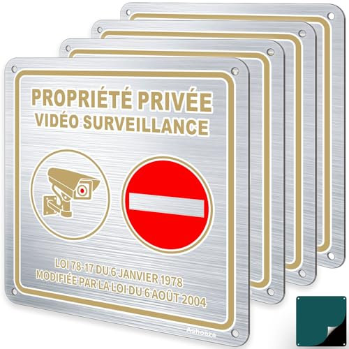 Ashoaza panneau propriété privée défense d'entrer aluminium, 4 Vidéo surveillance panneau 15 x 15cm, Intérieur/extérieur, avec autocollant et 4 trous pré-percés