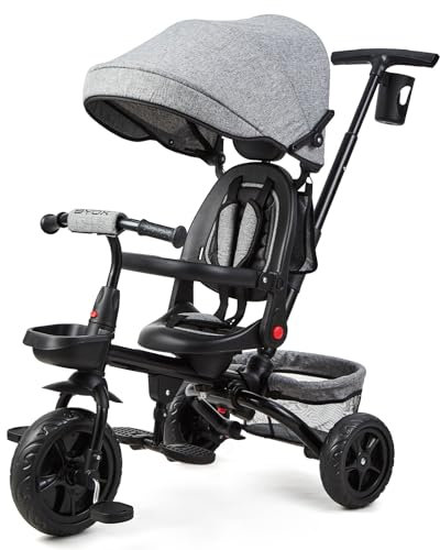 6in1 Dreirad Kinderdreirad mit Schubstange, Kinderdreirad für 9 Monate bis 5 Jahre mit Umkehrbarem Sitz, Ausklappbarem Verdeck mit Sonnenschutz, Kinderwagen Faltbar, Babyfahrrad (Grau)