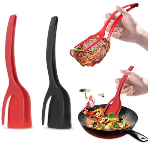 Plstod Spatule œuf au Plat Multifonction, 2 Pièces Spatule Cuisine 2 en 1, Omelette Pince à Spatule avec Poignée et Rabat, pour Oeufs Frits, Steak, CrêPes (Noir + Rouge)