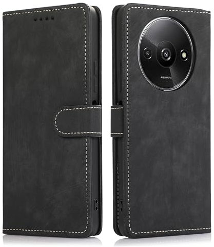 MIKULLE Coque pour Xiaomi Redmi A3 4G 6.71 Pouces,Housse en Cuir Premium PU Pochette de Flip Portefeuille Case Magnétique Antichoc Protection Etui à Rabat - Noir