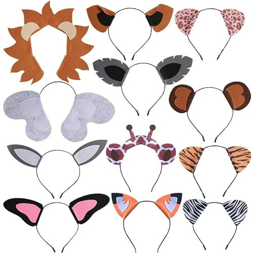 LEEMASING Lot de 12 serre-têtes avec oreilles d'animaux du zoo de la jungle pour fête d'anniversaire, Halloween