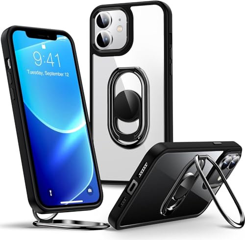 SHIELDS UP for iPhone 12/12 Pro Case with Stand, Clear Phone Case with Double Ring Holder - Adjustable & Fodable - Shockproof Protective Cover - Black