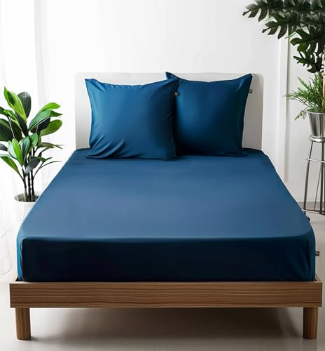 SALADHOUSE Spannbettlaken 140x200 Blau mit extra tiefen Taschen (bis 30cm) 360° Gummizug I Straffer Sitz ohne Verrutschen I Boxspring Spannbetttuch aus Ägyptischer Baumwolle Satin I ÖKO-TEX Bettlaken
