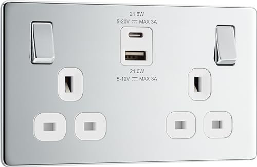 BG Electrical Double Switched Power Wall Plug Socket with Fast Charge Type A and C USB Ports, Screwless, Flatplate, Polished Chrome, White Inserts, 13A, 22W, FPC22UAC22W
