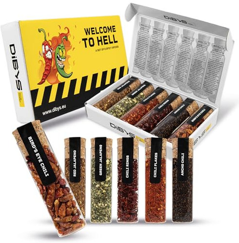 DIBYS Set Regalo Peperoncino Piccante | 6 Spezie Piccanti | Set di Spezie al Peperoncino con Scaglie, Peperoncino Ancho, Peperoncino Bird's Eye e Altro Ancora | Regali per Gli Appassionati di Cucina