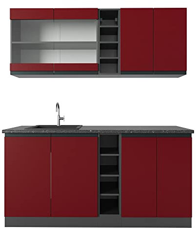 Vicco Singleküche R-Line, Küchenzeile Single, Rot/Anthrazit, 160 cm, AP Anthrazit