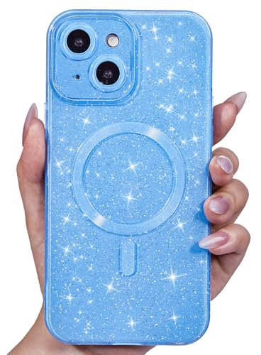 Svanove für iPhone 13 Hülle Magsafe Glitzer mit Kameraschutz, Dünn Bunt Silikon Handyhülle Mädchen Handy Hülle Magnetisch Induktives Laden, Bling Sterne Weich TPU Slim Case Schutzhülle, Hellblau