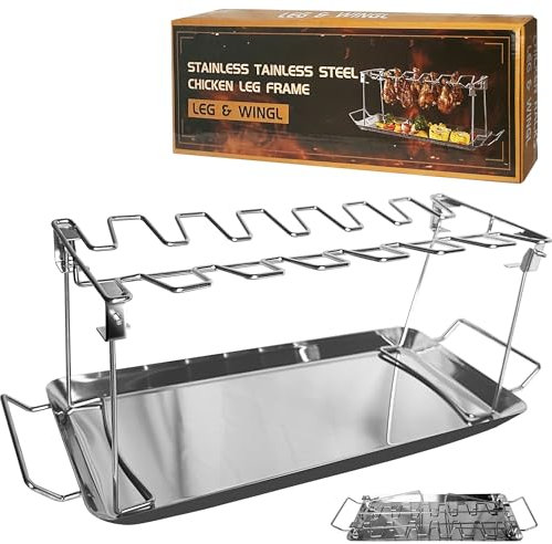 MEFUWXTE Hähnchenschenkel Halter,Auffangschale Backofenfest,100% Hähnchenbräter aus Edelstahl,für 14 Schenkel, für Backofen & Grill,Hähnchen Grill Ständer & BBQ Rack (14 Slots)