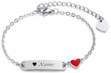 Baby Kind Armband mit Gravur Edelstahl Personalisierte Armbänder Tochter|Gravierbare Kinderarmkette|Taufarmband Junge Mädel| Herzform Charme Name Babyarmband Taufgeschenke(Silber)