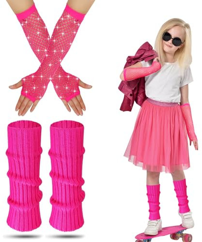 Neon Leg Warmers Kids, Kids 80s Pink Leg Warmers With Neon Fishnet Gloves Warm Knitted Leg Warmer 80s Costume Accessories Set For Girls Fancy Dress 1980s Theme Party