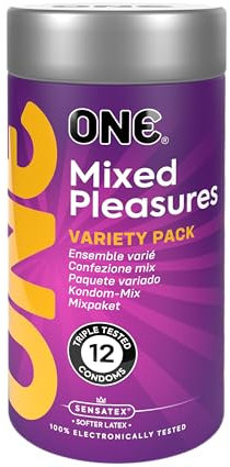 ONE® Mixed Pleasures Kondome, verschiedene Packung, mit sechs einzigartigen Stilen, vegan, gentechnikfrei, Naturkautschuklatex, 12 Stück