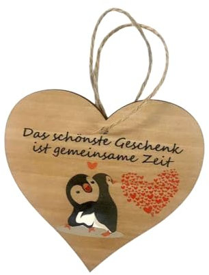 IFUDE Das Schönste Geschenk ist Gemeinsame zeit Herz Anhänger aus Holz Hochzeitstagskarte für Paare, für Ehemann, Ehefrau, niedliche Pinguine