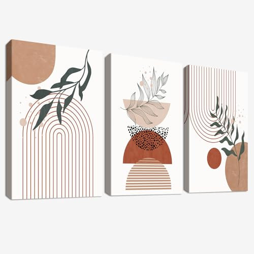 3Pcs Cadre en Bois Impression sur Toile Géométrique Boho Tableau Image sur Toile Noir Beige Terracotta Minimalist Peinture Tableau Decoration Murale Salon Chambre Salle de Bain 120x60cm(16x24x3)