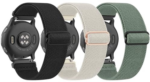 Amzpas 3 Stück Armband für Garmin Vivoactive 5/Vivoactive 3/Vivomove 3/HR/Luxe/Style,Nylon 20mm Verstellbares Elastisches Ersatzarmbänder für Garmin Forerunner 55/245/645 (Schwarz/Starlight/Grün)
