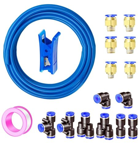 HAXIHA 10 Meter Bleu Pneumatique Tuyau Air Comprimé,Polyuréthane PU Air Tuyau Kit 10mm OD x 6.5mm ID 32.8ft,avec 14 Connecteur Pneumatique (Y/T/L/I)
