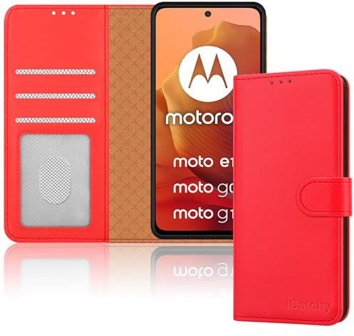 iCatchy Case for Motorola Moto G15 / Moto G05 / Moto E15 Case Leather Wallet Book Stand View Magnetic Protect RFID Blocking Cover compatible with Motorola G15 / E15 / G05 Phone Cover (Red)