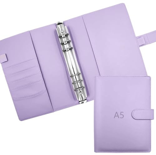 ROEOWENE A5 Ringbuch 6 Loch Nachfüllbar Binder Notebook Ringbuch Abdeckung | PU Leder Loseblatt Notizbuch Kompatibilität mit Budgetblätter,Binder Taschen,Bindekarte Sammler,Fotokartenalbum-Violett