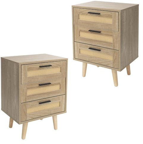 ML-Design 2er Set Nachttisch mit 3 Schubladen, 45x63x34 cm, Eiche Optik, Nachtschrank Rattanfront Massivholzfüßen, Nachtkommode für Boxspringbett Schlafzimmer, Beistelltisch Couchtisch für Wohnzimmer