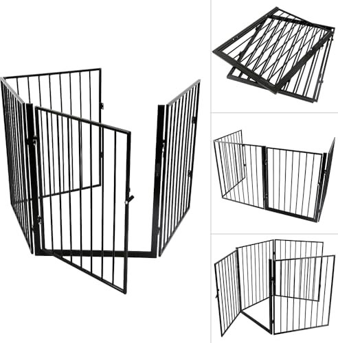 Homewell Kaminschutzgitter mit Tür Metall 300 cm, Freistehend, Konfigurationsgitter inkl. 5 Elementen, Absperrgitter Ofenschutzgitter faltbar, Schwarz/Weiß (Schwarz, 240 * 2.5 * 75 cm)