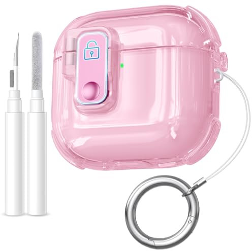 Upeak Custodia Compatibile con AirPods 4 Cover, TPU Trasparente con Blocco Sicuro Case Protettiva per Apple Airpods 4 Generazione 2024 (LED Frontale Visibile) con Kit di Pulizia&Moschettone, Rosa