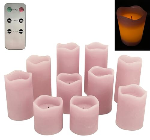 Online Fuchs 10er Set LED Stumpen Kerzen aus Echtwachs mit Docht - 5 verschiedene Höhen - Inklusive Fernbedienung und Timerfunktion (Zartrosa)