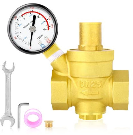 MEANLIN MEASURE 1 Zoll Messing Wasserdruckregelventil, Druckreduzierventil, DN25, mit 0-16BAR/0-220PSI Manometer