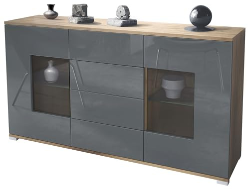 Vladon Sideboard Grömitz V1, Kommode mit 2 großen Türen und 4 Schubladen, Eiche Evoke/Grau Hochglanz (138,5 x 75,5 x 35)