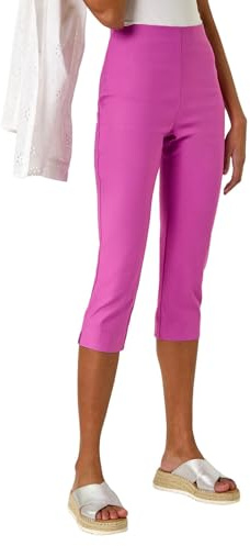 Roman Cropped Trousers for Women UK Ladies Capri Leggings Summer Pants Short Crop Stretch 3/4 Length Three Quarter Pedal Pusher Clothes Elasticated Bengaline Cut Off - Violet - Size 10