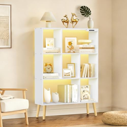 OUTONLIFE 7-Würfel Bücherregal mit LED, Dimmbar, Touch & Fernbedienung, Freistehendes Holzregal, Offenes Aufbewahrungsregal, Display Regal für Wohnzimmer, Schlafzimmer, Büro