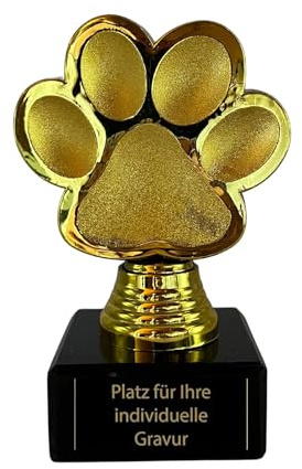 eberin Pfoten Pokal 13 cm - Goldene Hunde Trophäe aus Kunststoff auf Marmor | Hundefigur mit Gravurschild für Tierwettbewerbe und Vereine, 360 g schwerer Sockel, 8,5 cm breit, fertig montiert