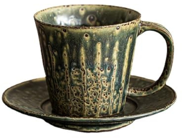 230ml Vintage Ceramic Coffee Cup and Saucer Set Kiln Transformer Home Stoneware Mug Suitable for Latte, Hot Tea, Cappuccino, Milk, Cocoa, Microwave Safe (Emerald Green)