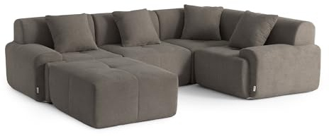 MILYsofa Modulares Ecksofa 4-Sitzer mit Ottomane, Chenille-Bezug Aschbraun, Abnehmbare Kissenbezüge (Aschbraun, 4-Sitzer mit Ottomane)
