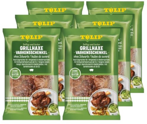 Tulip 6x 500g Schweinehaxe ohne Schwarte - Grillhaxe vorgegart tafelfertig | 6er Packung, glutenfrei, ungekühlt haltbar, im Ofen oder Grill in 35 Min zubereitet, saftiges Schweinefleisch aus der EU
