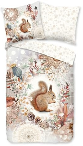 JACK Flanell Wende Bettwäsche 2 TLG. 135x200cm Eichhörnchen Kosmos Herbst Winter Schneeflocken