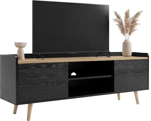 Blisswood 140cm TV Stand Cabinet for TVs up to 55 Inch, Modern TV Unit with Storage & Open Shelf, Wooden Legs Entertainment Console Table for Living Room & Bedroom (Black & Oak)