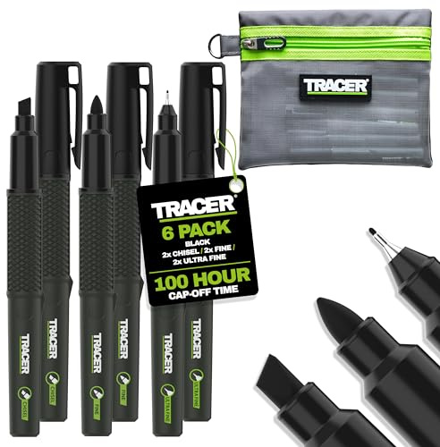 Tracer 2.0 Permanent Marker Kit | 6 Black Pens | Chisel, Fine, Ultra Fine | 6x Black marker kit with case – chisel, fine & ultra fine tips – 100hr cap-off, fast dry, works on wet & oily surfaces