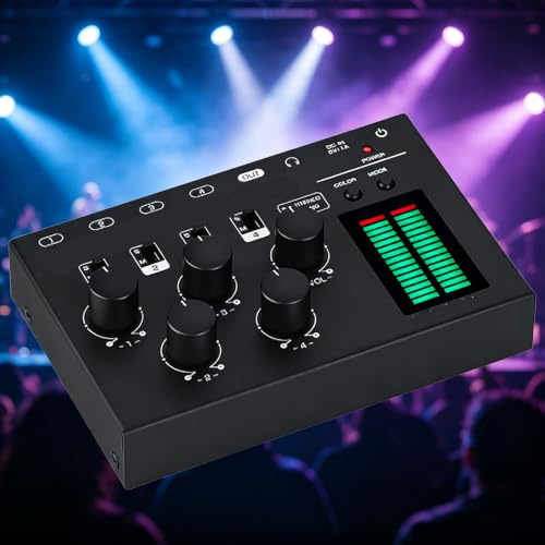 MObyat Mixer Audio A 4 Canali, Visualizzatore Musicale Attivato dal Suono, modalità Canale: Stereo/Mono, Guadagno da 1 A 6 Livelli, Memoria allo Spegnimento, per Studio, Streaming E Gaming.