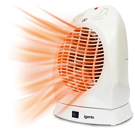 Igenix IG9021 Upright Portable Oscillating Electric Low Energy Fan Heater with 2 Heat Settings, Ideal for Small Rooms, Caravans and Garages, 2000 W, White