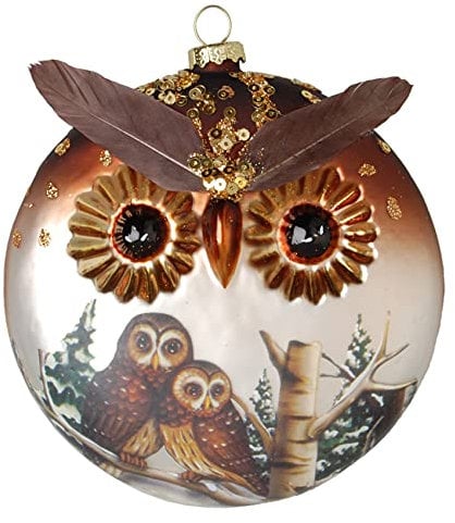 Dekohelden24 Lauschaer Christbaumschmuck - Glastaler als Eule, sehr aufwendig dekoriert, 12 cm