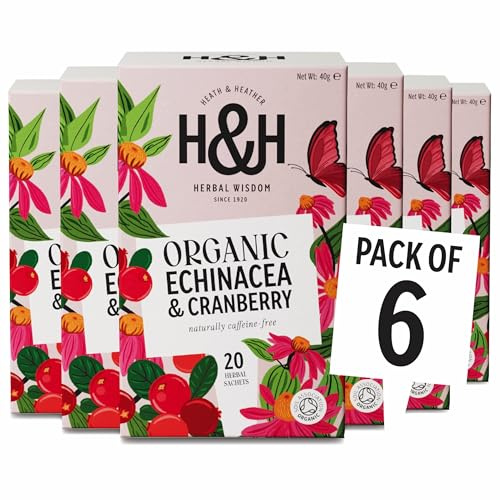 Heath & Heather - Organic Echinacea & Cranberry Tea • Immune-Supportive Herbal Blend • Naturally Caffeine-Free • Vegan • Multipack 6 x 20 Boxes (120 Tea Bags) | Organic Echinacea & Cranberry Tea • Herbal Wellness Infusion • Caffeine-Free • 6 x 20 Boxes