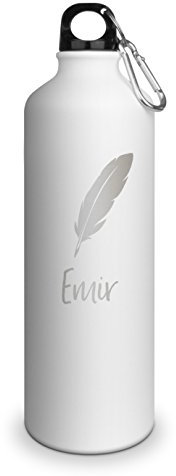 Trinkflasche mit Namen Emir - graviert mit Feder Layout, Aluminiumflasche mit Gravur, Sportflasche - matt weiß
