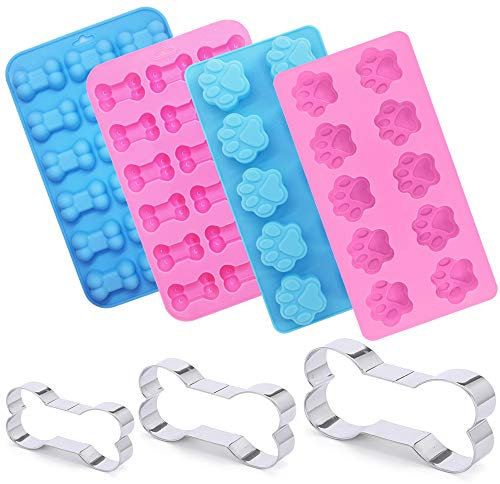 Juego de 7 moldes de silicona para patas y huesos de cachorro de perro con cortador de galletas de hueso de acero inoxidable, moldes de silicona de grado alimenticio SourceTon (rosa y azul)